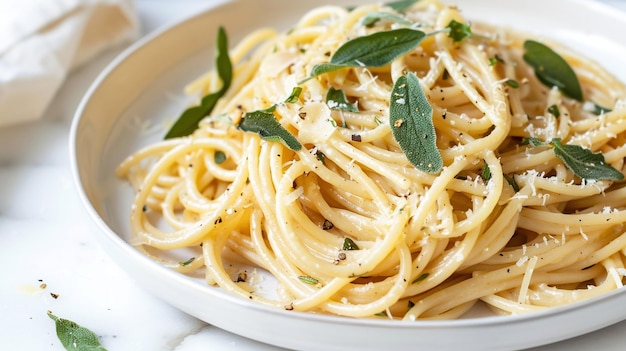 a plate of spaghetti with basil on top of it