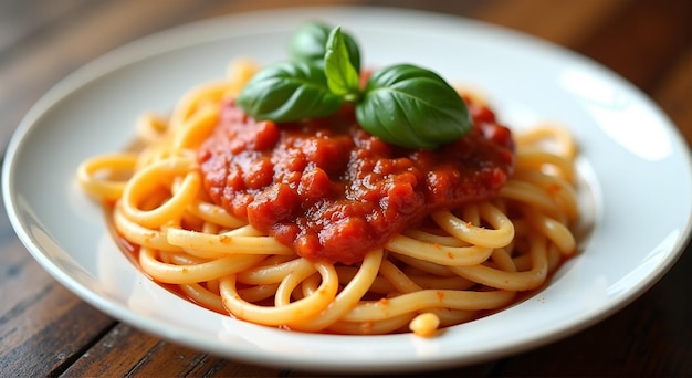 a plate of spaghetti with basil on top of it