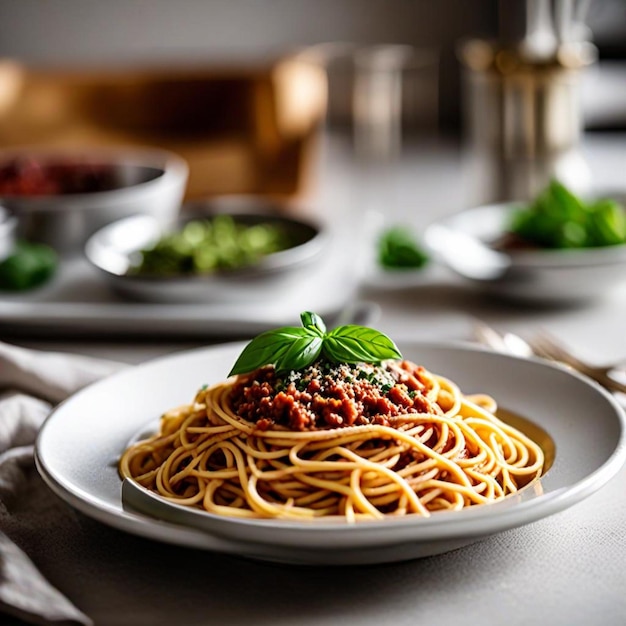 a plate of spaghetti with basil on top of it