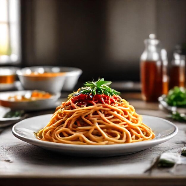 a plate of spaghetti with a bottle of beer in the background