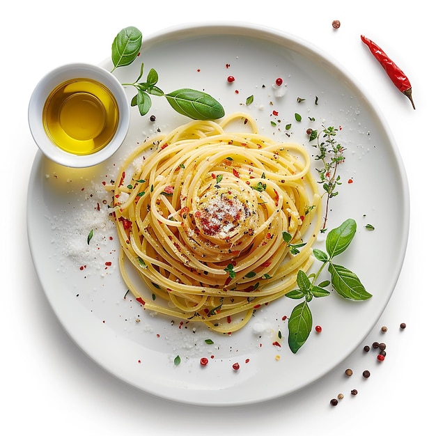 a plate of spaghetti with a bottle of oil and a red pepper