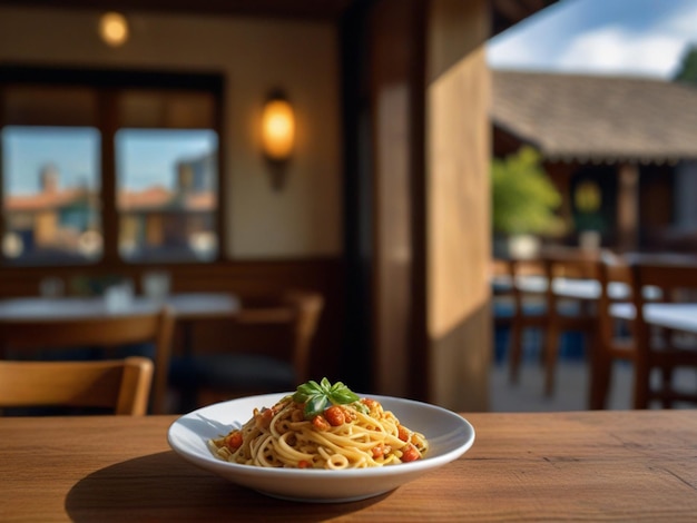 a plate of spaghetti with a bottle of wine in the background