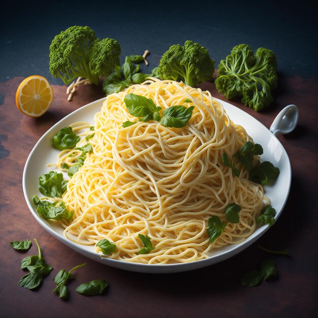 A plate of spaghetti with a bunch of broccoli on the side.