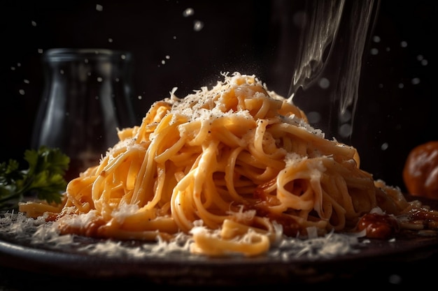 A plate of spaghetti with cheese on it