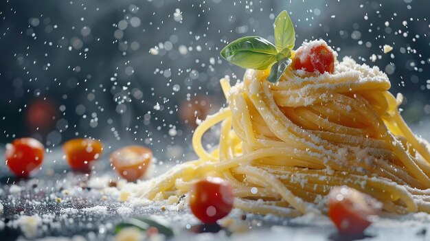 A plate of spaghetti with cheese and tomatoes on top