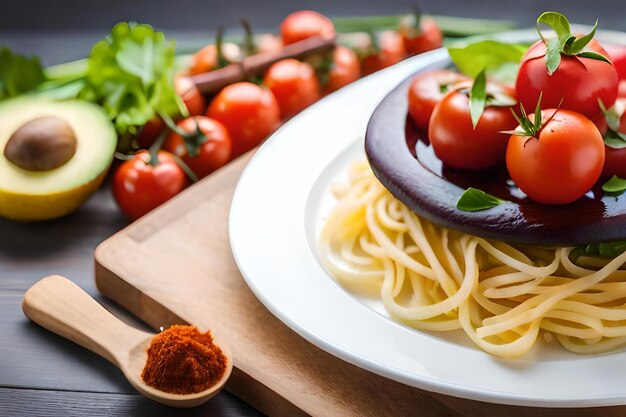 a plate of spaghetti with cherry tomatoes and a plate of parsley.