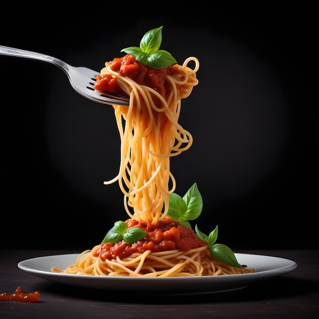 a plate of spaghetti with a fork stuck in it with a fork