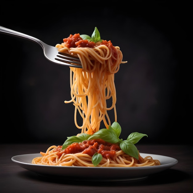 a plate of spaghetti with a fork stuck in it with a fork