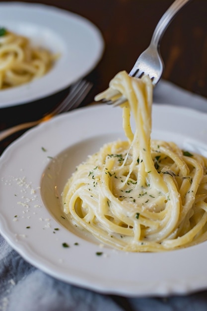 a plate of spaghetti with a fork stuck in the middle of it