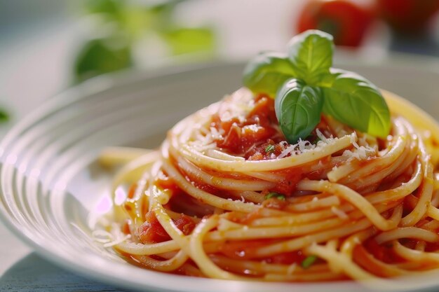 A plate of spaghetti with a generous amount of cheese and basil on top