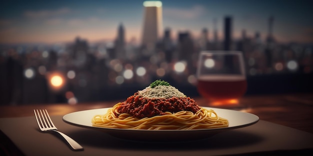 A plate of spaghetti with a glass of beer in the background