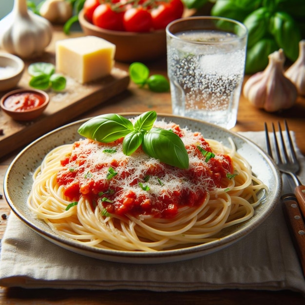 a plate of spaghetti with a glass of water and a bottle of water