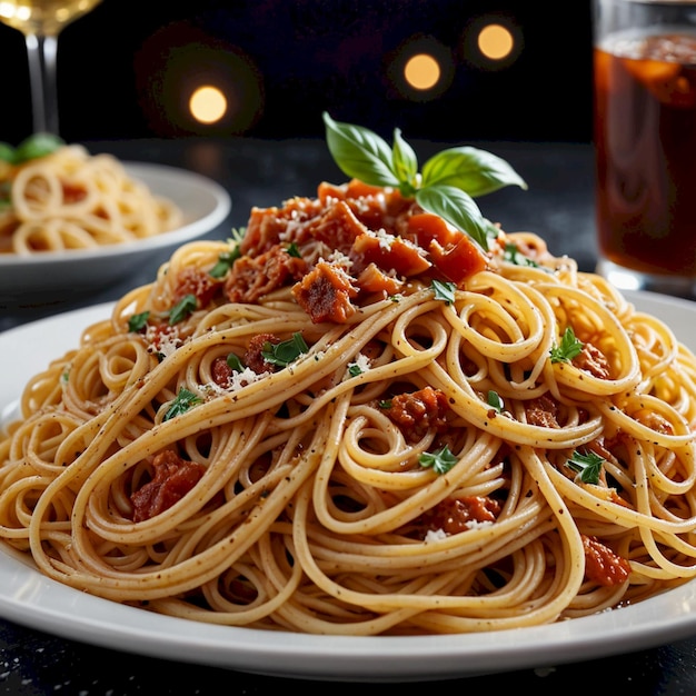 Photo a plate of spaghetti with a glass of wine in the background