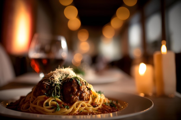 A plate of spaghetti with a glass of wine in the background