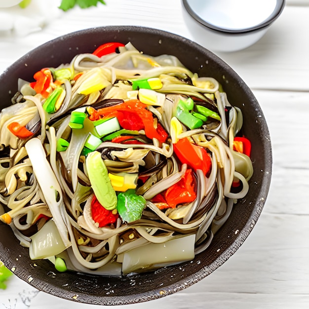 Photo a plate of spaghetti with green beans and a green pepper bowl of noodles with vegetable japchae