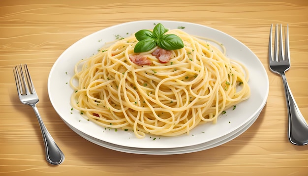 a plate of spaghetti with a green leaf on top of it