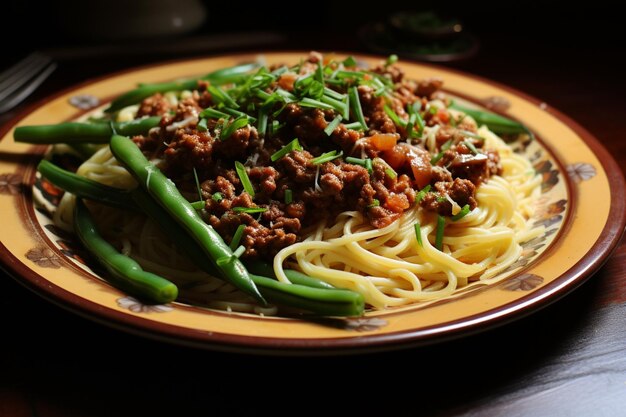 a plate of spaghetti with meat and green beans high quality