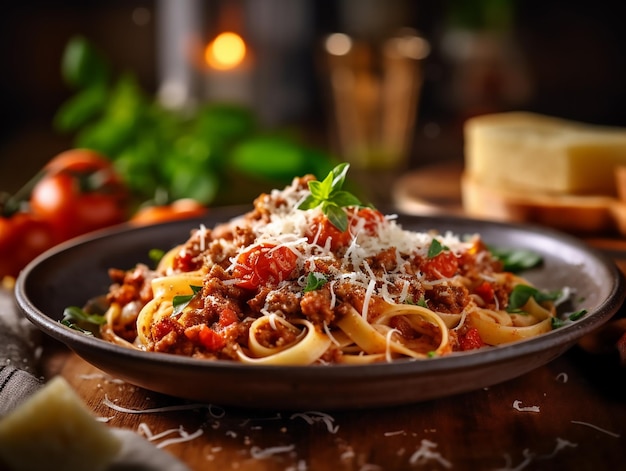 Plate of spaghetti with meat sauce and cheese on a wooden table