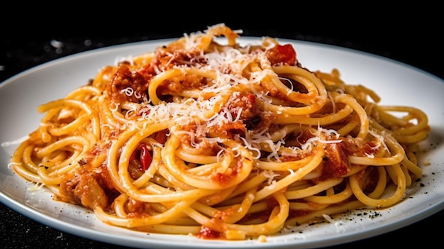 A plate of spaghetti with meat sauce and cheese.