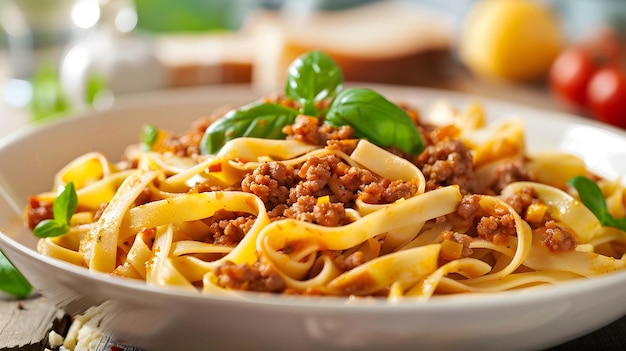 A plate of spaghetti with meat sauce is cooking in a pan