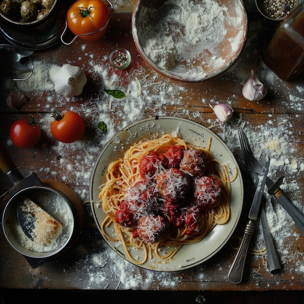 Photo a plate of spaghetti with meat and vegetables on it