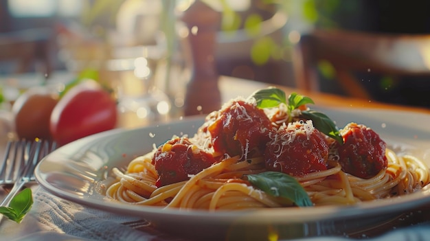 a plate of spaghetti with meatballs and tomato sauce