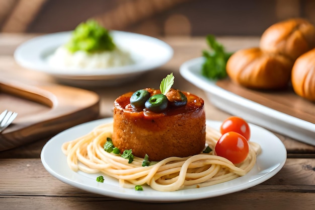 A plate of spaghetti with meatloaf on it