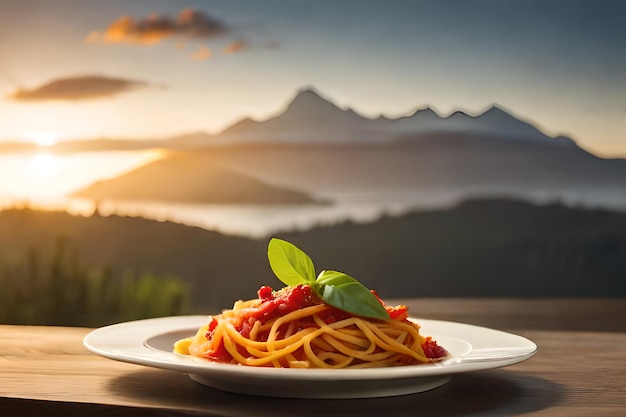 A plate of spaghetti with a mountain in the background