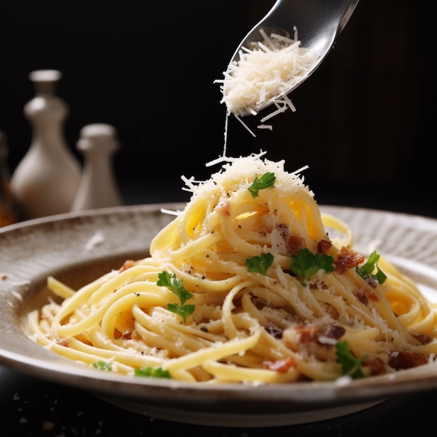 A plate of spaghetti with parmesan cheese and parmesan cheese.