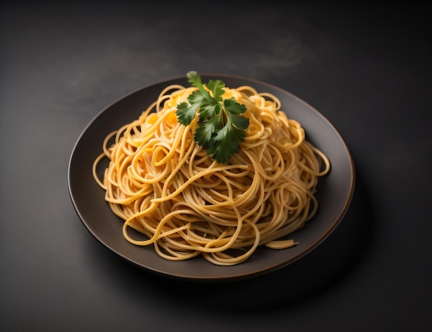 A plate of spaghetti with a parsley garnish on top generative ai