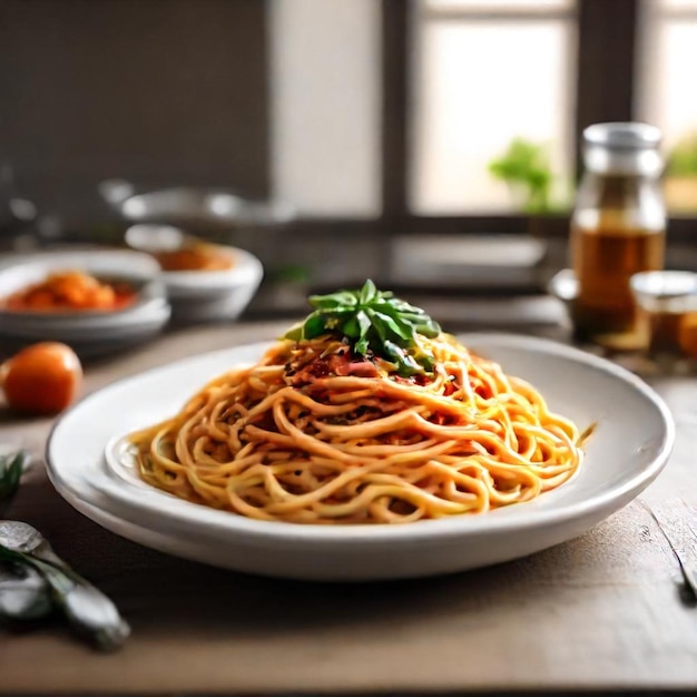 a plate of spaghetti with parsley on it sits on a table