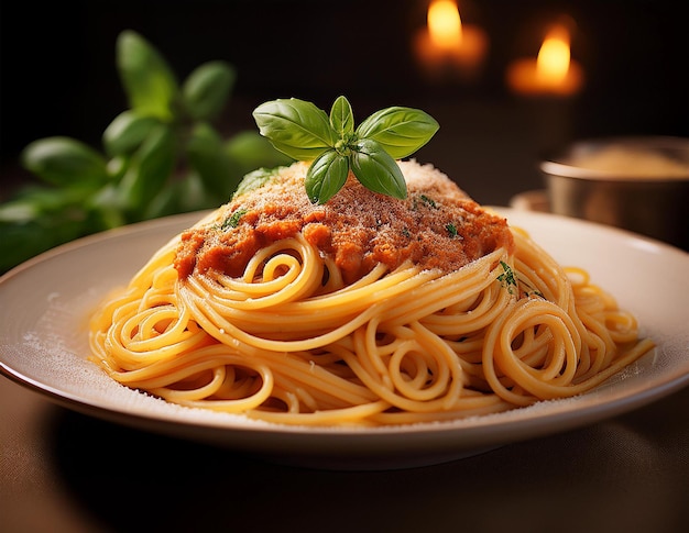 Photo a plate of spaghetti with parsley on top of it