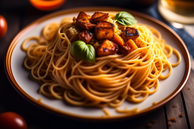 A plate of spaghetti with a piece of meat and vegetables.