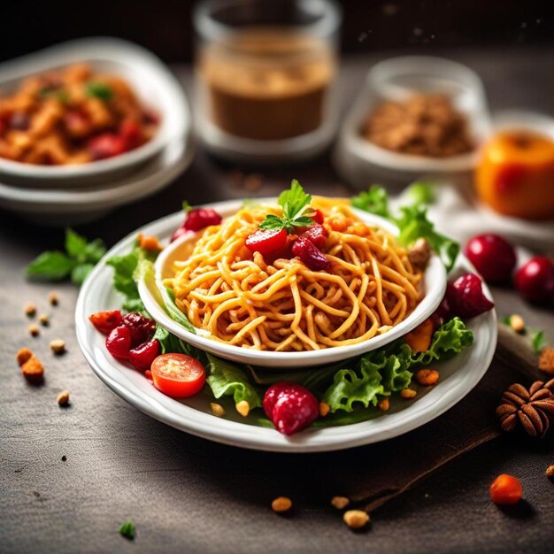 Photo a plate of spaghetti with a plate of pasta and a bowl of strawberries