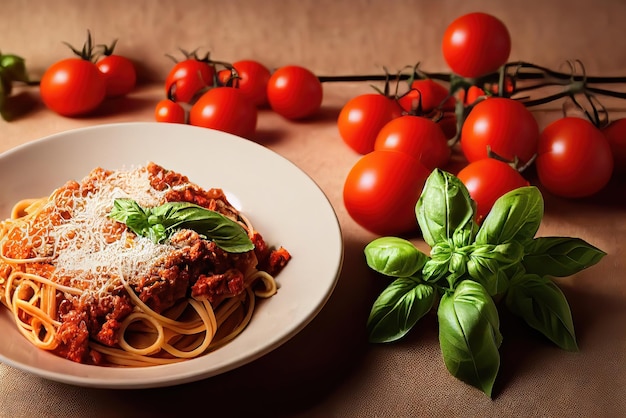 A plate of spaghetti with a sauce and basil on the side.