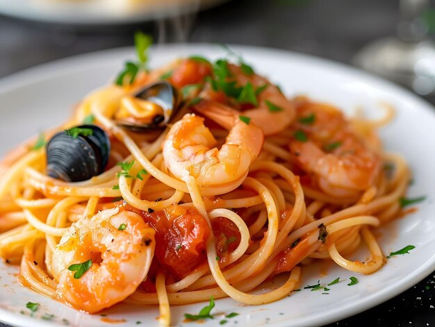 A plate of spaghetti with shrimp and mussels