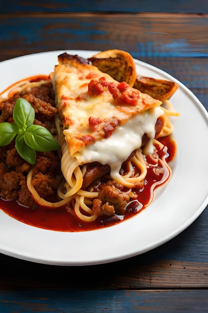 A plate of spaghetti with a slice of lasagna and a piece of bread.