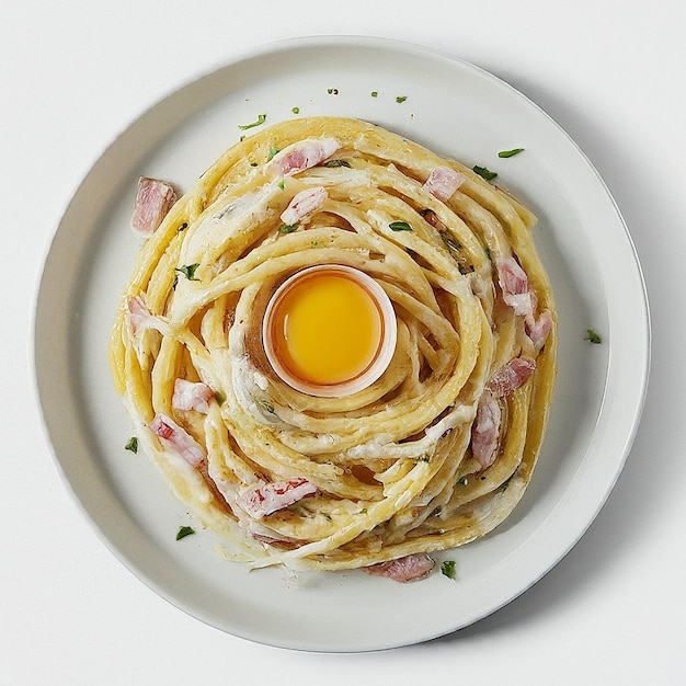 Photo a plate of spaghetti with a small yellow egg on top of it