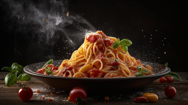 A plate of spaghetti with smoke rising from the top.