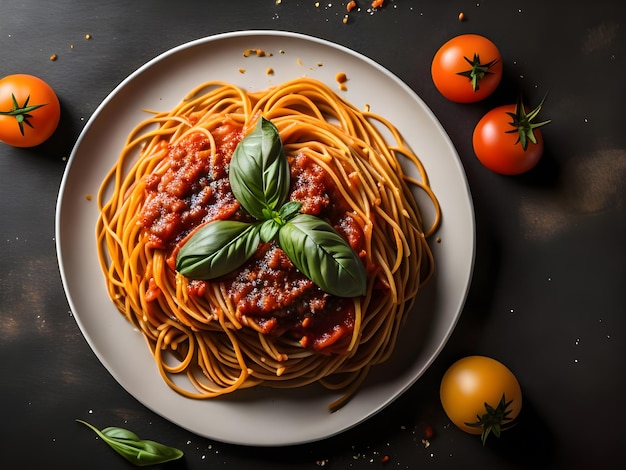 A plate of spaghetti with a sprig of basil on it