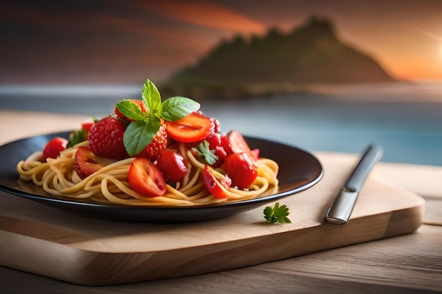 A plate of spaghetti with strawberries and basil on it