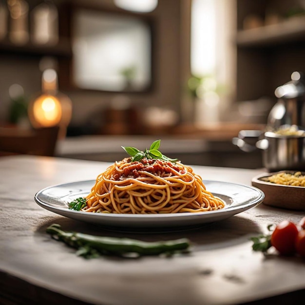 a plate of spaghetti with a strawberries on it