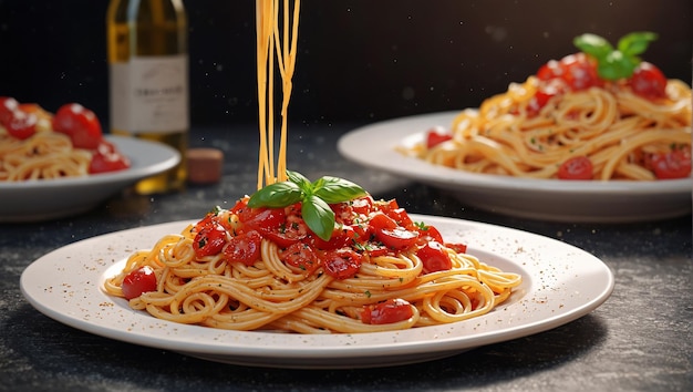 a plate of spaghetti with a tomato and basil leaf on top