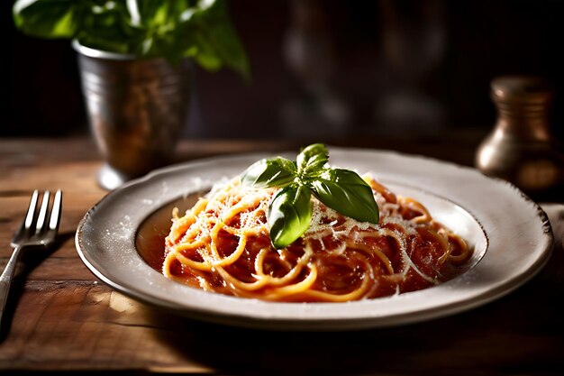 a plate of spaghetti with tomato sauce and basil on it