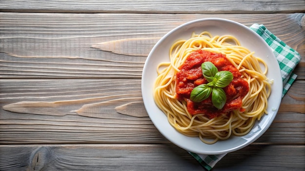 Plate of spaghetti with tomato sauce and basil on table