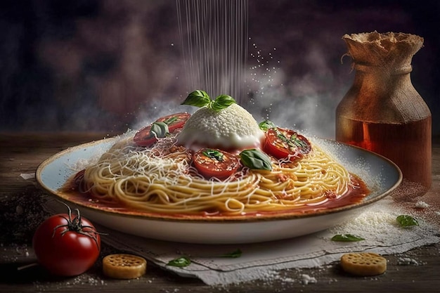 A plate of spaghetti with tomato sauce and basil on top