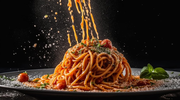 A plate of spaghetti with tomato sauce being poured over it.