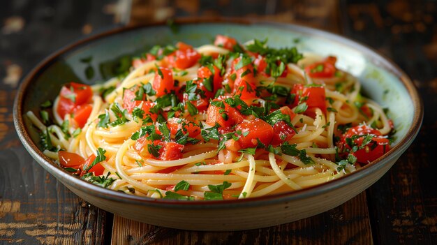 Plate of spaghetti with tomato sauce and fresh herbs on a rustic wooden table