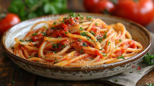 Plate of spaghetti with tomato sauce garnished with parsley on a rustic wooden table with fresh tomatoes in the background