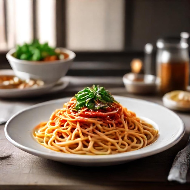 a plate of spaghetti with a tomato sauce on it